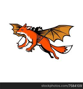 Mascot icon illustration of a flying fox strapped with mechanical wings in full flight viewed from side on isolated background in retro style.. Flying Fox With Mechanical Wings Mascot