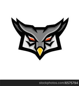 Mascot icon illustration of a head of an angry or aggressive great horned owl viewed from front on isolated background in retro style.. Angry Horned Owl Head Front Mascot