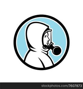 Mascot icon illustration of a healthcare worker, medical professional, nurse or industrial worker wearing a respiratory protective equipment, RPE viewed from side set in circle done in retro style.. Healthcare Worker Wearing RPE Mascot