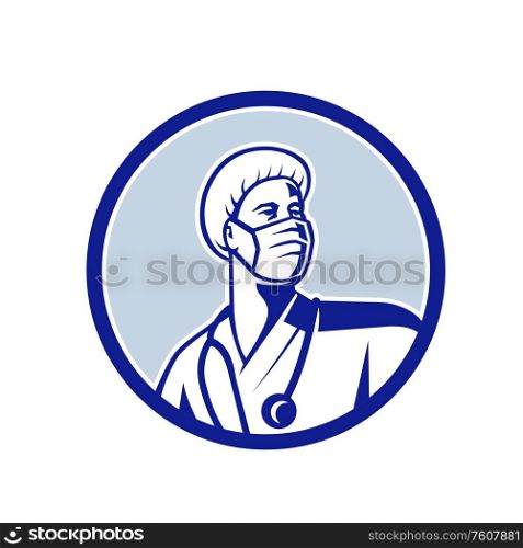 Mascot icon illustration of a medical doctor, nurse, healthcare professional or essential worker wearing a surgical mask and bouffant scrub cap looking to side set in circle done in retro style.. Medical Doctor Wearing Mask Mascot Retro