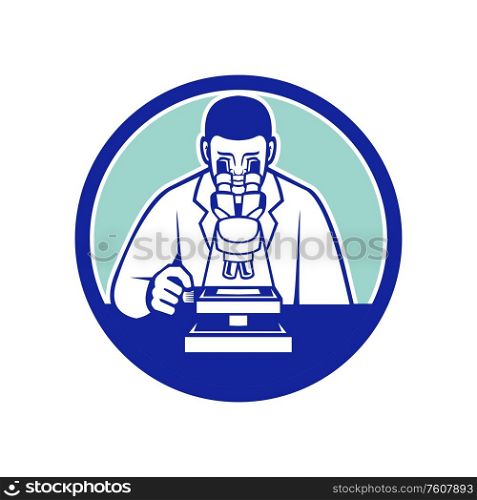 Mascot icon illustration of a medical doctor, scientist or researcher conducting research for a cure looking through microscope viewed from front set in circle on isolated background in retro style.. Scientist Looking Through Microscope Mascot