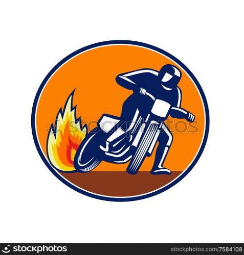 Mascot icon illustration of a motorcycle rider riding bike, flat track racing or dirt track racing viewed from front set inside oval shape on isolated background in retro style.. Dirt Track Motorcyle Racing Oval Mascot