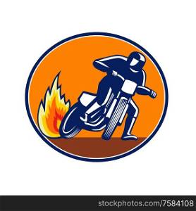 Mascot icon illustration of a motorcycle rider riding bike, flat track racing or dirt track racing viewed from front set inside oval shape on isolated background in retro style.. Dirt Track Motorcyle Racing Oval Mascot