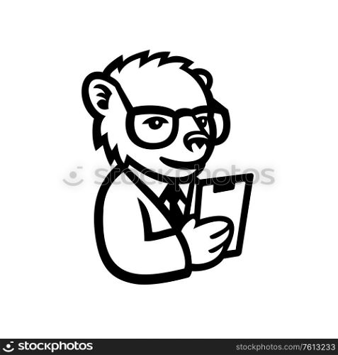 Mascot icon illustration of a nerdy bear scientist wearing lab coat and holding clipboard viewed from on isolated background in retro style.. Nerdy Bear Scientist Mascot