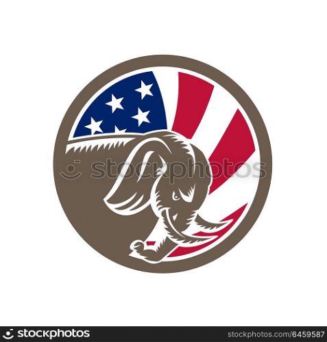 Mascot icon illustration of a Republican Elephant charging viewed from side with American USA stars and stripes star spangled banner flag on isolated background in retro style.. Republican Elephant Mascot USA Flag
