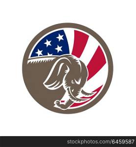 Mascot icon illustration of a Republican Elephant charging viewed from side with American USA stars and stripes star spangled banner flag on isolated background in retro style.. Republican Elephant Mascot USA Flag