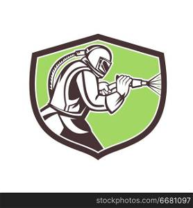 Mascot icon illustration of a sandblaster or sand blaster abrasive blasting viewed from side set inside crest or shield on isolated background in retro style.. Abrasive Blasting Mascot Crest