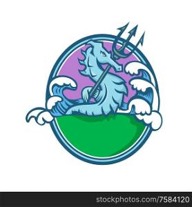 Mascot icon illustration of a seahorse, a small marine fish, holding a trident with waves at bottom set inside oval shape viewed from side on isolated background in retro style.. Seahorse With Trident Mascot Oval
