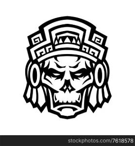Mascot icon illustration of a skull of a noble Aztec warrior wearing wood helmet or headdress viewed front on isolated background in retro black and white style.. Aztec Warrior Skull Viewed From Front Mascot Black and White