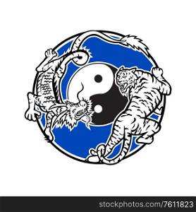 Mascot icon illustration of a tiger and Chinese dragon stalking and fighting with yin yang symbol in middle set inside circle on isolated background in retro style.. Tiger and Chinese Dragon Fighting Circle Mascot