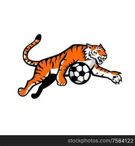 Mascot icon illustration of a tiger running, jumping, dribbling soccer football ball viewed from side on isolated background in retro style.. Tiger Jumping Soccer Ball Mascot
