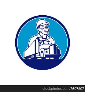 Mascot icon illustration of a truck driver wearing surgical mask with semi truck and trailer transport set inside circle viewed from front low angle on isolated background in retro style.. Truck Driver Wearing Mask Transport Circle Mascot