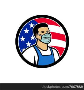 Mascot icon illustration of American grocery, food, supermarket, front line essential worker wearing mask and apron with USA stars and stripes flag as hero set inside circle in retro style.. American Food Worker as Hero USA Flag Circle Icon