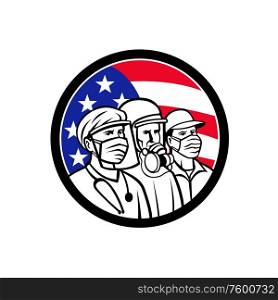 Mascot icon illustration of American medical professional, nurse, doctor, healthcare, soldier or essential worker wearing surgical mask with USA stars and stripes flag set in circle in retro style.. American Essential Workers Wearing Mask USA Flag Mascot