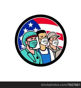Mascot icon illustration of American nurse, doctor, grocery, pharmacist, EMT, delivery, trucker, food, front line, hospice worker wearing mask with USA stars and stripes flag in circle in retro style.. American Front Line Workers as Heroes Circle