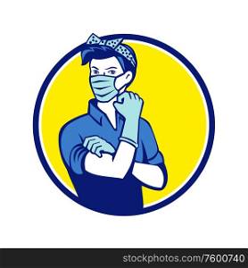 Mascot icon illustration of American Rosie the riveter as medical healthcare essential worker wearing a surgical mask flexing muscle and saying we can do it set in circle retro style.. Rosie The Riveter Wearing Mask Circle Mascot