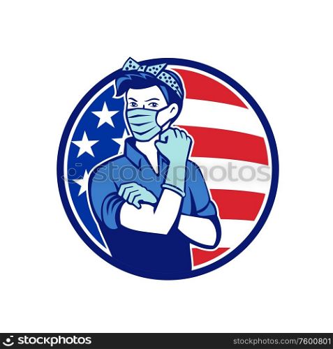 Mascot icon illustration of American Rosie the riveter as medical healthcare essential worker wearing a surgical mask and saying we can do it with USA stars and stripes flag set in circle retro style.. Rosie The Riveter Wearing Mask USA Flag Mascot