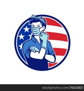Mascot icon illustration of American Rosie the riveter as medical healthcare essential worker wearing a surgical mask and saying we can do it with USA stars and stripes flag set in circle retro style.. Rosie The Riveter Wearing Mask USA Flag Mascot