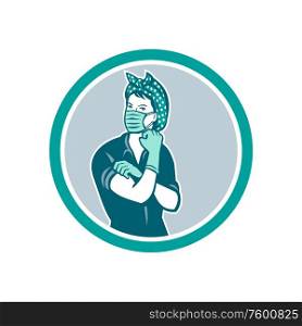 Mascot icon illustration of American Rosie the riveter as medical healthcare essential worker wearing a surgical mask and gloves saying we can do it set inside circle done in retro style.. Rosie The Riveter Wearing Mask Mascot