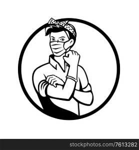 Mascot icon illustration of American Rosie the riveter as medical healthcare essential worker wearing a surgical mask flexing muscle set in circle done in black and white retro style.. Rosie The Riveter Wearing Mask Circle Black and White