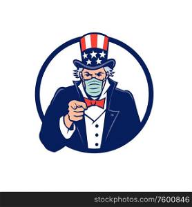 Mascot icon illustration of American Uncle Sam, national personification of the U.S. government, wearing a surgical mask, pointing at the viewer set in circle on isolated background in retro style.. Uncle Sam Wearing Mask Pointing Mascot