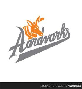 "Mascot icon illustration of an aardvark baseball player with bat batting with script text "Aardvarks" viewed from side on isolated background in retro style.. Aardvark Baseball Player Batting Text Mascot"