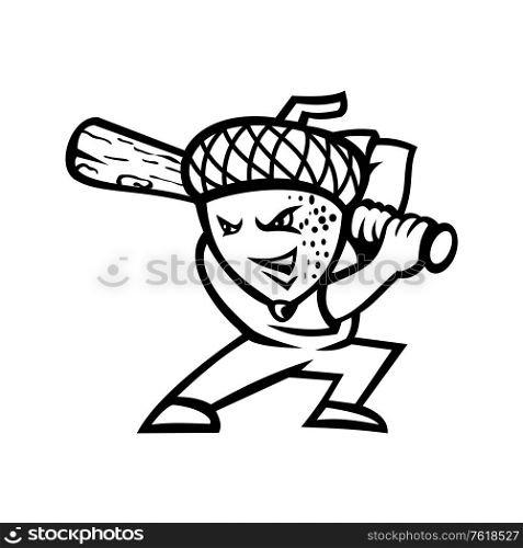 Mascot icon illustration of an acorn, or oak nut, the nut or seed of the oak tree, as baseball player batting with baseball bat viewed from side on isolated background in retro black and white style.. Acorn or Oak Nut Baseball Player Batting Mascot Black and White