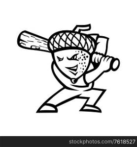 Mascot icon illustration of an acorn, or oak nut, the nut or seed of the oak tree, as baseball player batting with baseball bat viewed from side on isolated background in retro black and white style.. Acorn or Oak Nut Baseball Player Batting Mascot Black and White