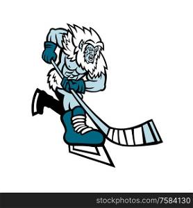 Mascot icon illustration of an aggressive Yeti or Abominable Snowman, a folkloric ape-like creature, with hockey stick playing ice hockey viewed from front on isolated background in retro style.. Yeti Ice Hockey Player Mascot