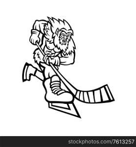 Mascot icon illustration of an aggressive Yeti or Abominable Snowman, a folkloric ape-like creature, with hockey stick playing ice hockey on isolated background in Black and White retro style.. Yeti Ice Hockey Player Black and White