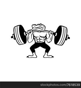 Mascot icon illustration of an alligator, gator, crocodile or croc lifting a heavy barbell weight training or weightlifting viewed from front on isolated background in retro black and white style.. Alligator Weightlifter Lifting Heavy Barbell Mascot Black and White
