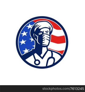 Mascot icon illustration of an American doctor, surgeon, medical professional, nurse, healthcare or essential worker wearing surgical mask USA stars and stripes flag set inside circle in retro style.. American Doctor Surgical Mask USA Flag Circle Icon