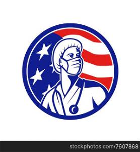 Mascot icon illustration of an American female nurse, healthcare professional or medical doctor, wearing a surgical mask looking up with USA stars and stripes flag set in circle done in retro style.. American Nurse Looking Up USA Flag Circle