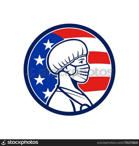 Mascot icon illustration of an American female nurse, medical professional, doctor, healthcare worker wearing a surgical mask and bouffant cap side with USA stars and stripes flag in retro style.. American Nurse Wearing Mask Side USA Flag Mascot