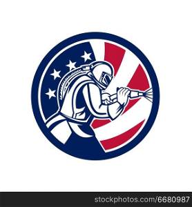 Mascot icon illustration of an American sandblaster or sand blaster abrasive blasting viewed from side set inside circle with USA stars and stripes flag on isolated background in retro style.. American Sandblaster Abrasive Blasting USA Flag Icon