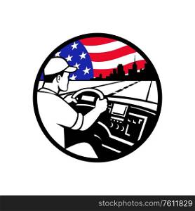 Mascot icon illustration of an American trucker or truck driver driving on highway toward city with semi-truck and USA stars and stars flag set inside circle on isolated background in retro style.. American Trucker Driving Highway USA Flag Circle Mascot