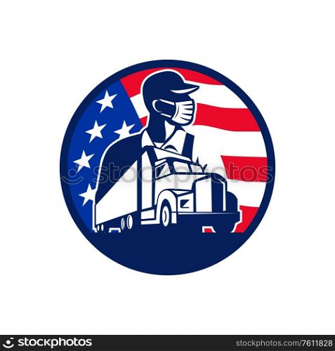 Mascot icon illustration of an American trucker or truck driver wearing surgical mask with semi-truck and USA stars and stars flag set inside circle on isolated background in retro style.. American Trucker Wearing Mask USA Flag Circle Mascot