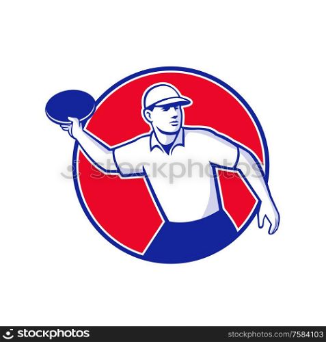 Mascot icon illustration of an disc golf player throwing a flatball or frisbee set inside circle shape viewed from side on isolated background in retro style.. Disc Golf Player Throwing Mascot Circle