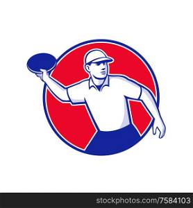 Mascot icon illustration of an disc golf player throwing a flatball or frisbee set inside circle shape viewed from side on isolated background in retro style.. Disc Golf Player Throwing Mascot Circle