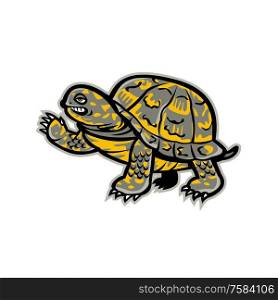 Mascot icon illustration of an eastern box turtle or land turtle, waving viewed from side on isolated background in retro style.. Eastern Box Turtle Waving Mascot