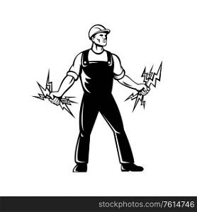 Mascot icon illustration of an electrician, lineworker or power lineman holding a bunch of lightning bolt standing viewed from front on isolated background in retro black and white style.. Electrician Lineworker Holding A Bunch of Lightning Bolt Standing Retro Black and White