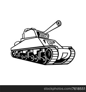 Mascot icon illustration of an M4 Sherman, the most widely used medium tank by the United States and Western Allies in World War II viewed from a low angle in retro black and white style.. M4 Sherman Medium Tank Mascot Black and White