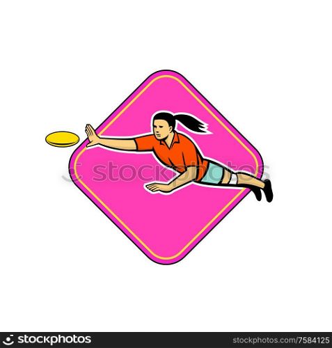 Mascot icon illustration of an ultimate frisbee player catching a flying disc set inside diamond shape viewed from side on isolated background in retro style.. Ultimate Frisbee Player Catching Disc Mascot