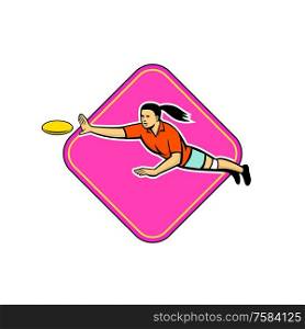 Mascot icon illustration of an ultimate frisbee player catching a flying disc set inside diamond shape viewed from side on isolated background in retro style.. Ultimate Frisbee Player Catching Disc Mascot