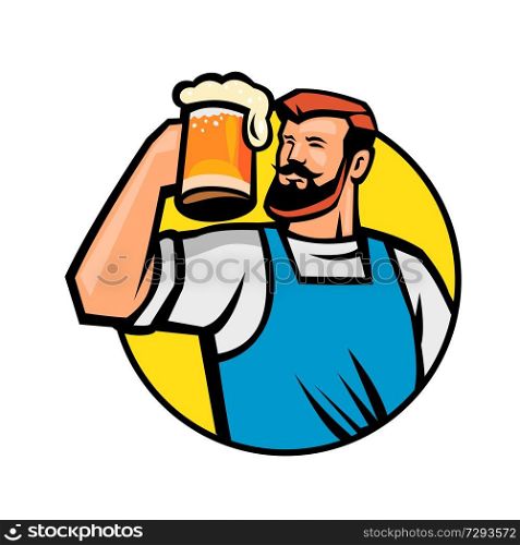 Mascot icon illustration of bust of a bearded hipster toasting a mug of beer or ale set inside circle viewed from front on isolated background in retro style.. Bearded Hipster Toasting Beer Mug Circle Mascot