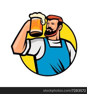 Mascot icon illustration of bust of a bearded hipster toasting a mug of beer or ale set inside circle viewed from front on isolated background in retro style.. Bearded Hipster Toasting Beer Mug Circle Mascot