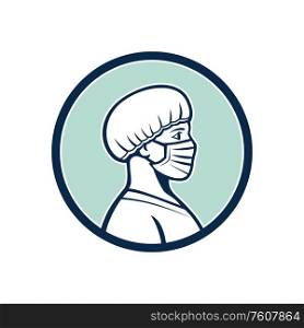 Mascot icon illustration of bust of a female nurse, medical professional, doctor, healthcare worker wearing a surgical mask and bouffant cap viewed from side profile set in circle done in retro style.. Female Nurse Wearing Face Mask Side Profile Mascot