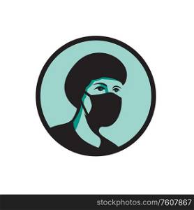 Mascot icon illustration of bust of a female nurse, medical professional, doctor, healthcare worker wearing a black surgical mask and bouffant cap viewed from front set in circle done in retro style.. Female Nurse Wearing Black Mask Mascot