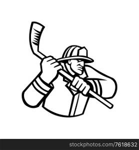 Mascot icon illustration of bust of a fireman or firefighter, a rescuer extensively trained in firefighting, wielding an ice hockey stick viewed from side in retro black and white style.. Fireman Playing Ice Hockey Sport Mascot Black and White