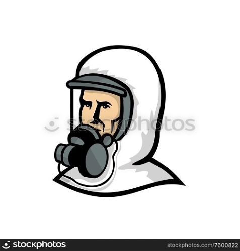 Mascot icon illustration of bust of a healthcare worker, medical professional, nurse, doctor, or essential worker wearing a PPE, protective personal equipment face mask looking to side retro style.. Healthcare Worker Wearing Face Mask Mascot